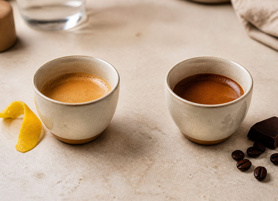 Two cups comparing light sour espresso with darker bitter espresso.