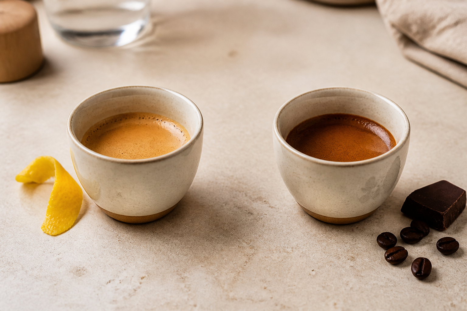 Two cups comparing light sour espresso with darker bitter espresso.