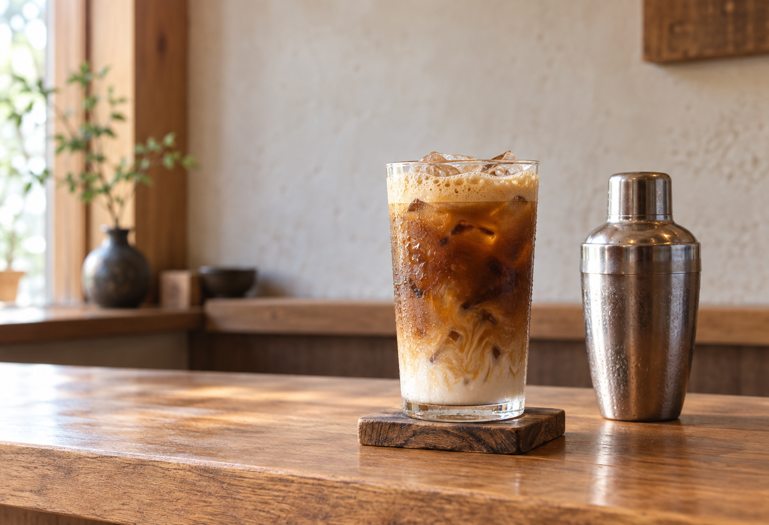 iced shaken espresso on the table in a quiet cafe