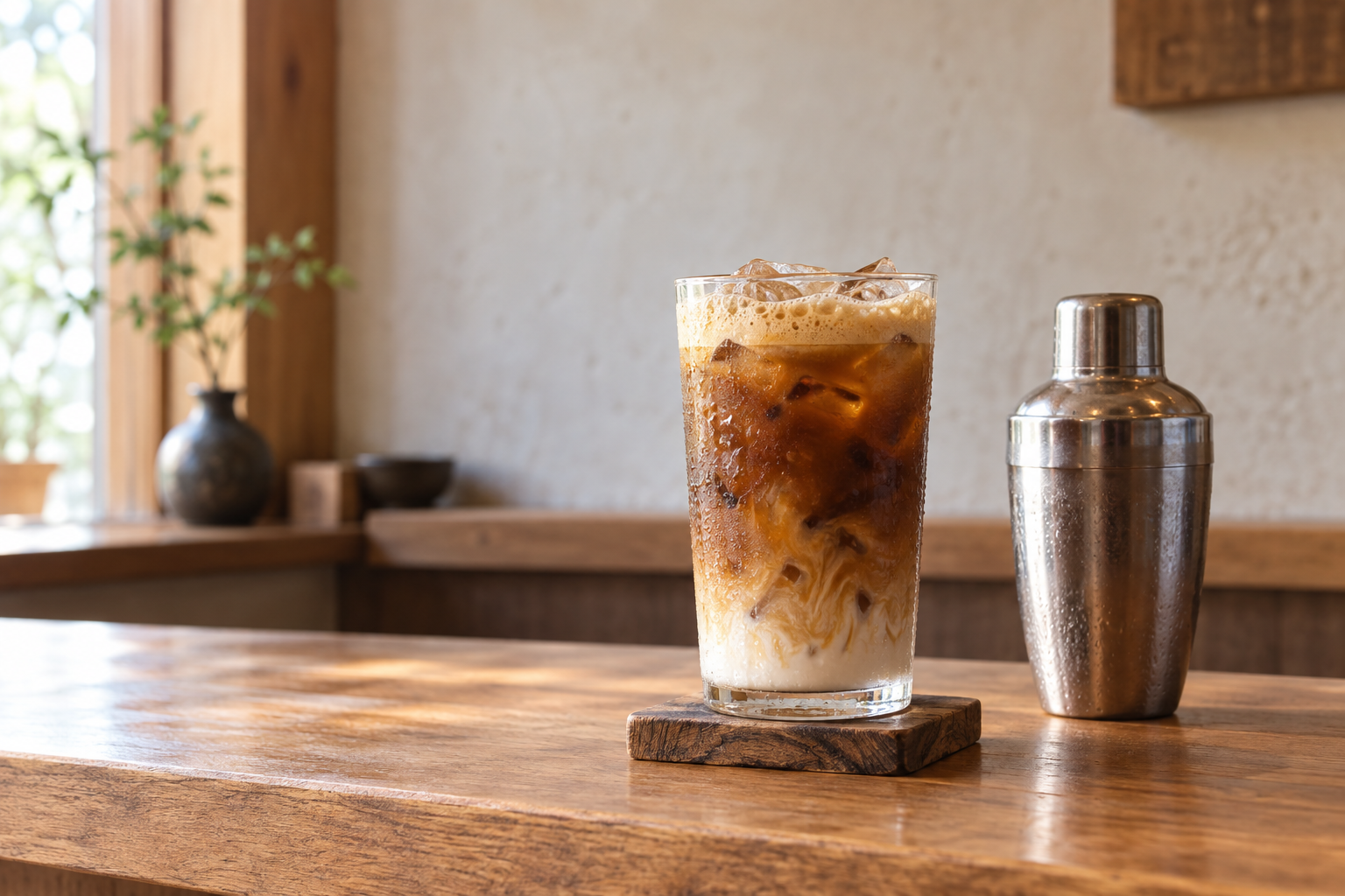 iced shaken espresso on the table in a quiet cafe